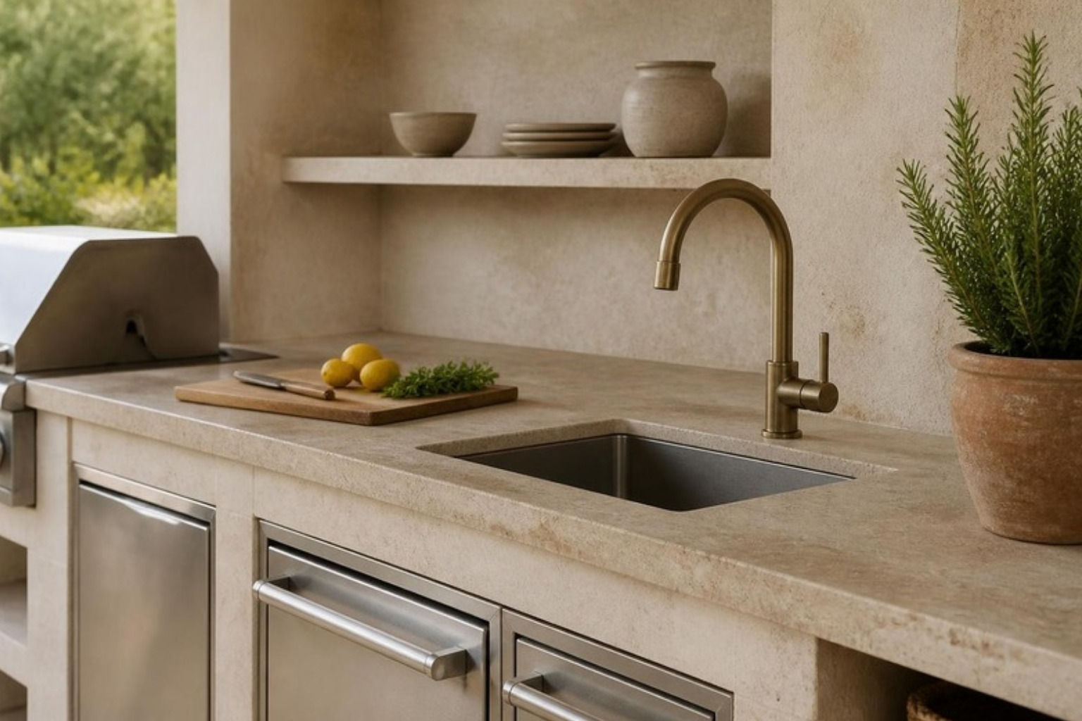 Outdoor kitchen counter in honed travertine with a brass faucet, stainless sink and refrigerated drawers