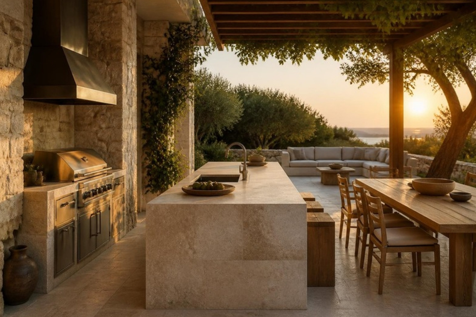 Outdoor kitchen organized into cooking, prep, dining and lounge zones under a vine-covered pergola