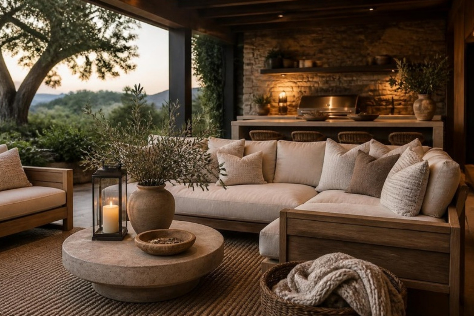 Covered outdoor lounge with a teak sofa, performance-fabric cushions, layered pillows, throw and outdoor rug