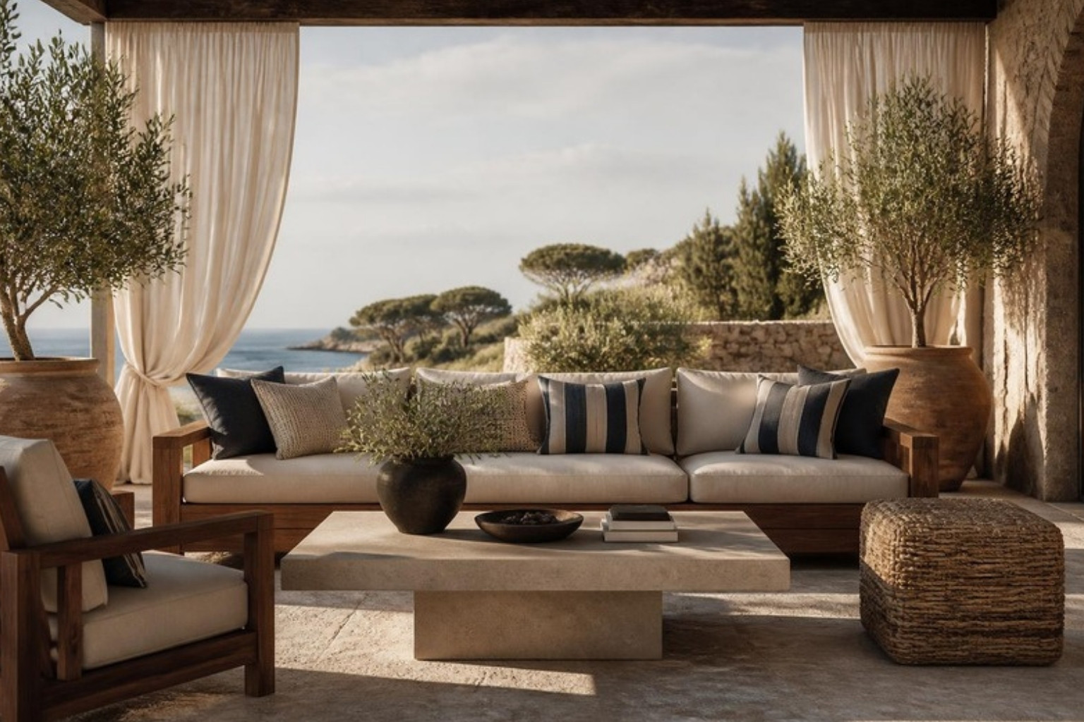 Covered stone terrace with a teak sofa in cream outdoor performance fabric cushions and striped pillows