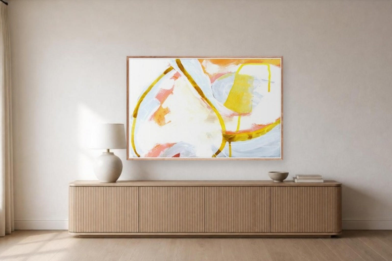 Golden Drift, 60 x 40 in, above an oak credenza