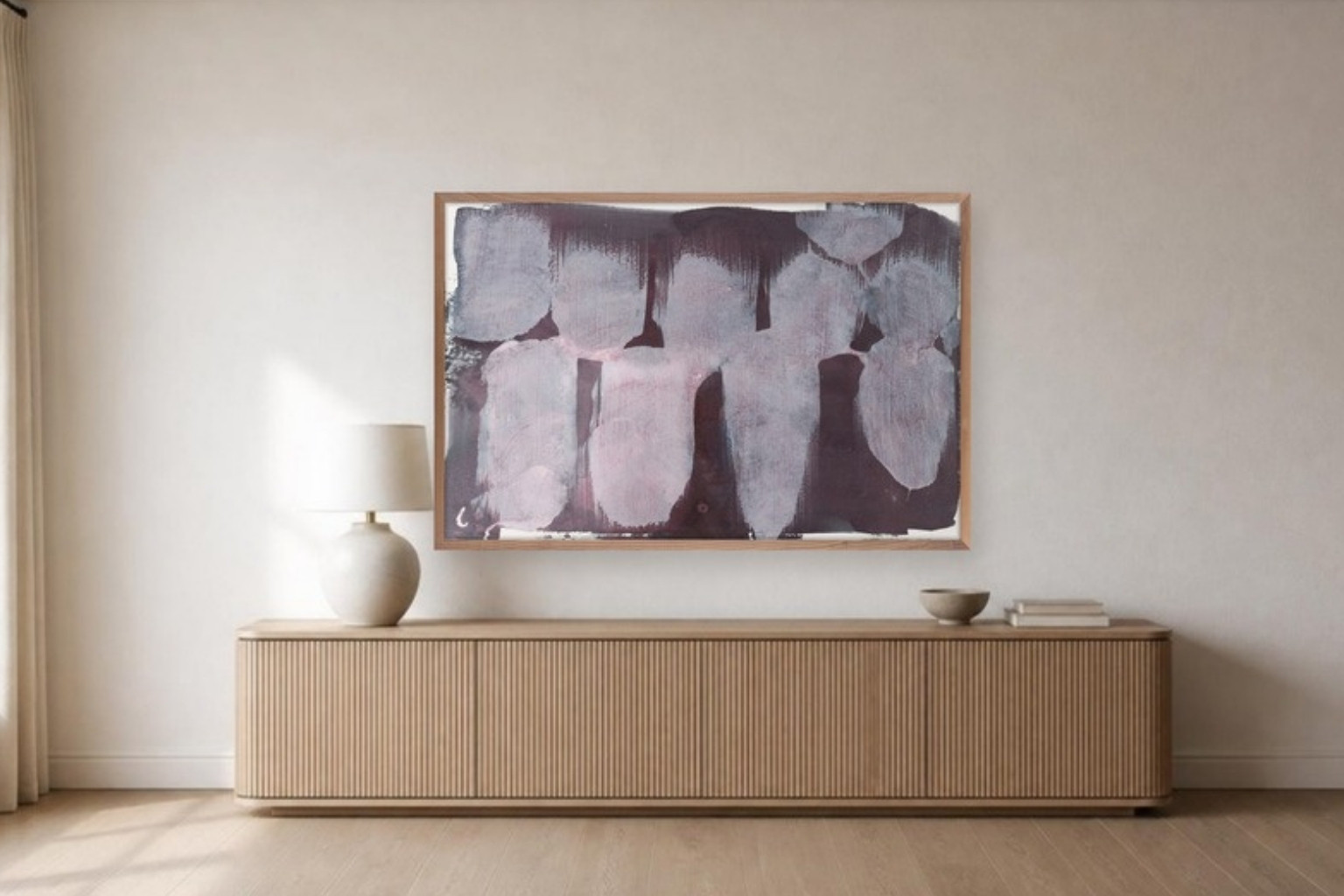 Garnet Drift, 60 x 40 in, above an oak credenza