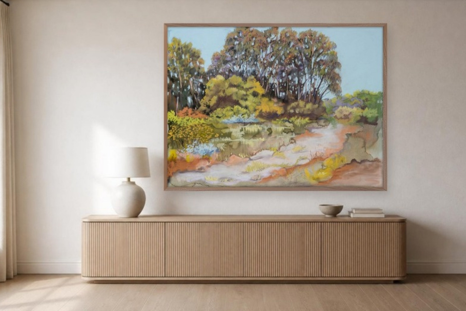 Fern Canopy, 72 x 54 in, above an oak credenza