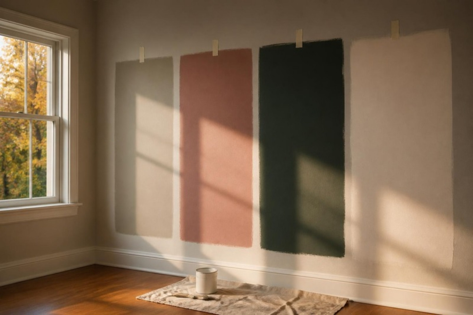 Large warm paint sample boards on a wall in autumn afternoon light