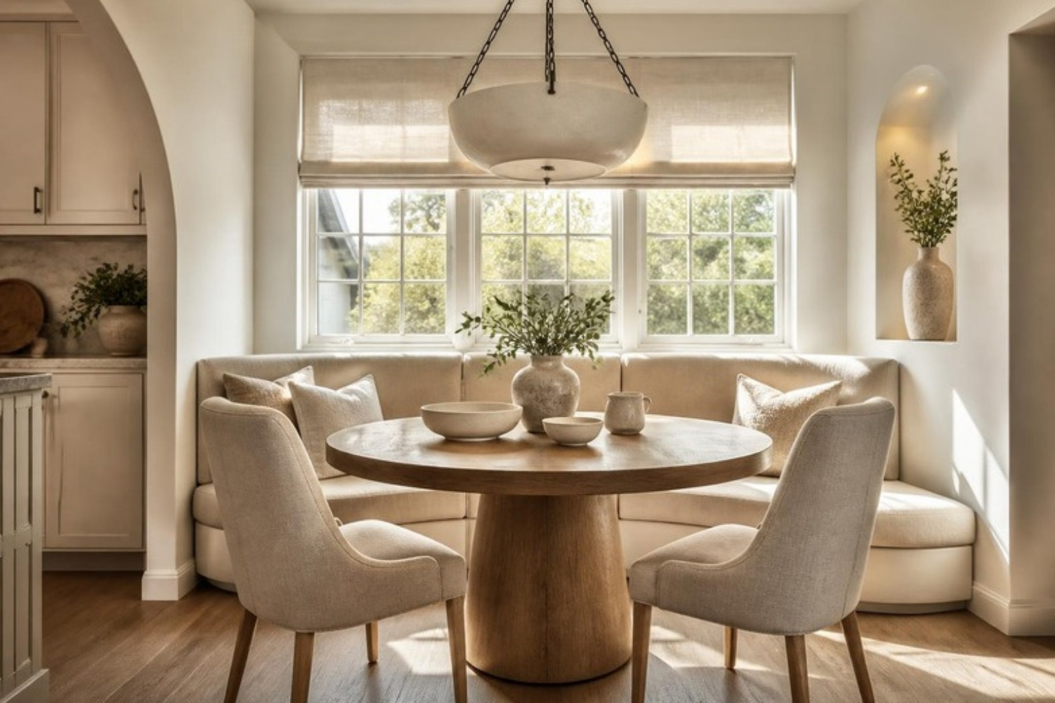 Breakfast nook with a curved banquette and dining chairs upholstered in cream performance fabric