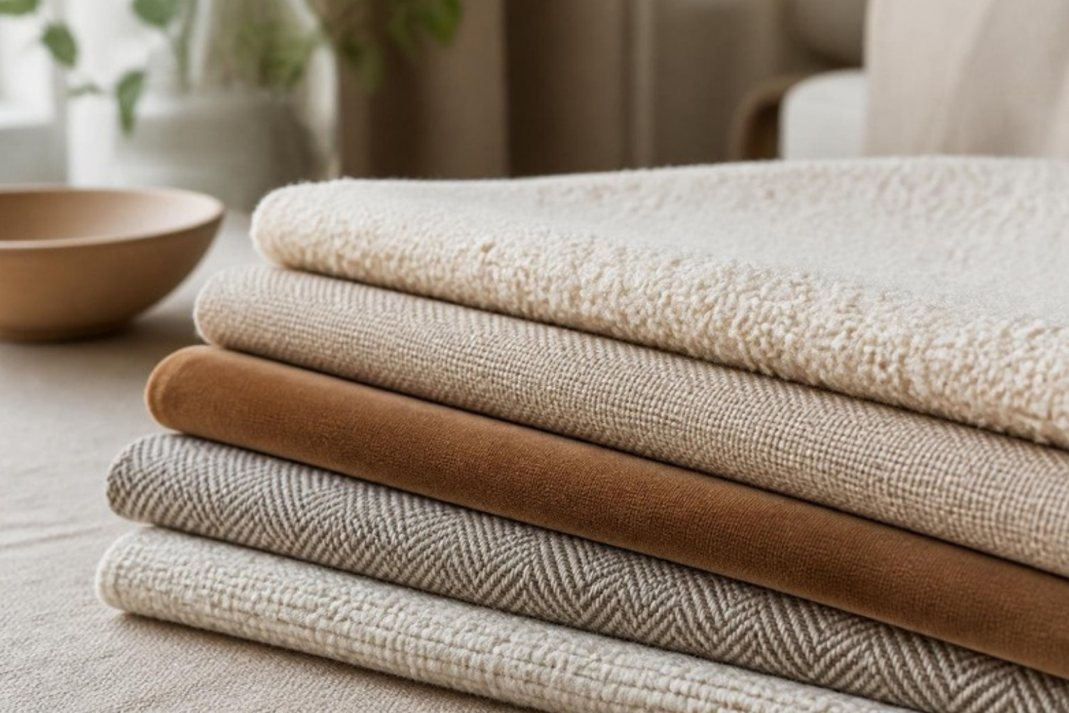 Performance upholstery fabric swatches in boucle, linen-look weave, velvet, herringbone and chenille