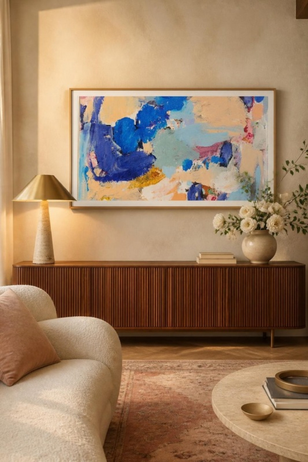 Samsung The Frame TV in art mode showing a periwinkle and blush abstract painting above a fluted walnut credenza with a travertine and brass table lamp