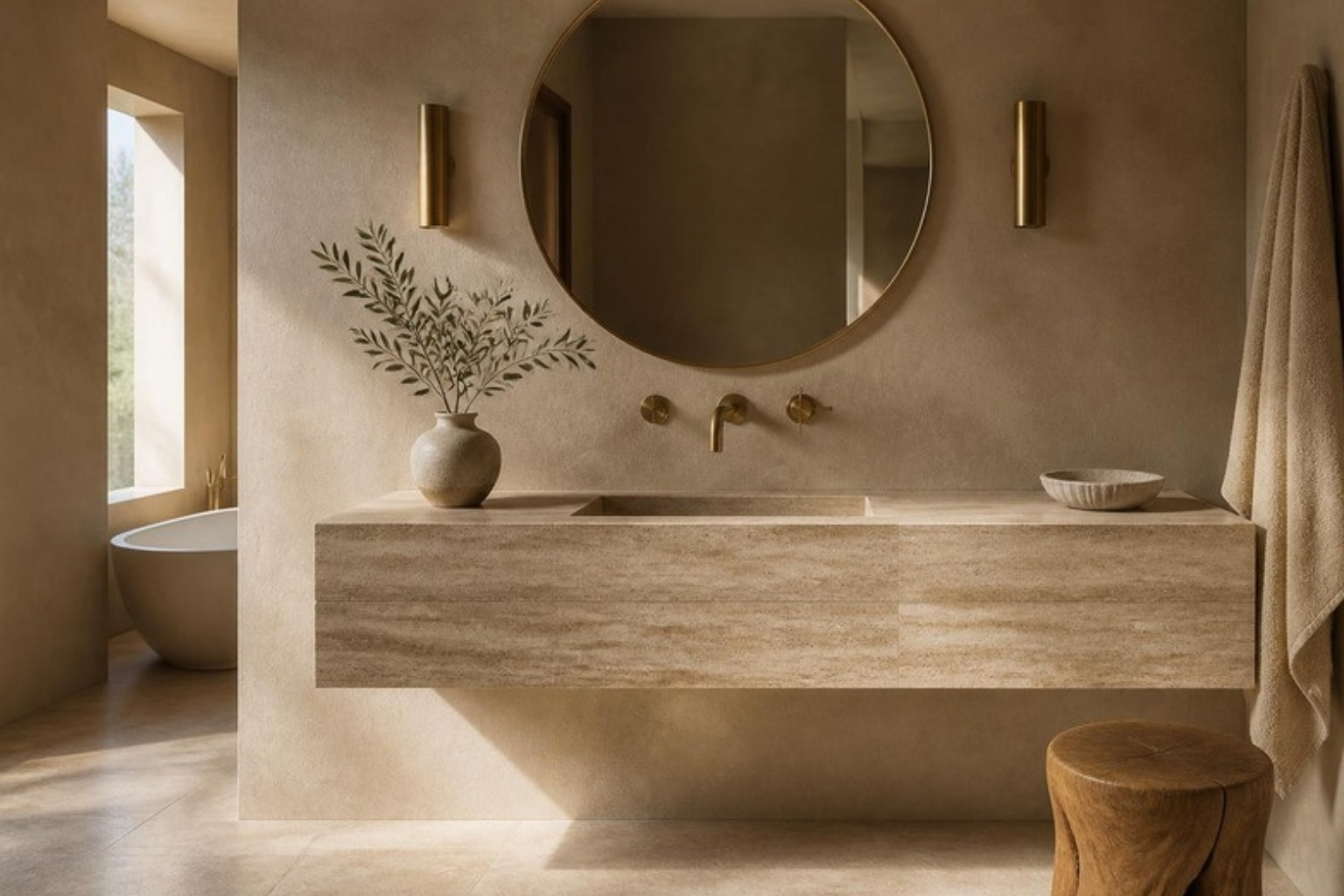 Bathroom with sandstone beige limewash walls, a floating travertine vanity, round mirror and aged brass fixtures