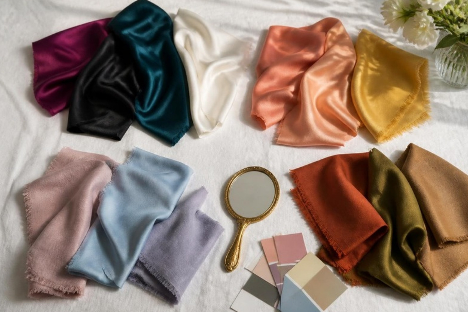 seasonal-color-analysis-fabric-swatches-four-seasons Fabric swatches grouped by seasonal color palette: winter jewel tones, spring corals, summer soft pastels and autumn rust and olive