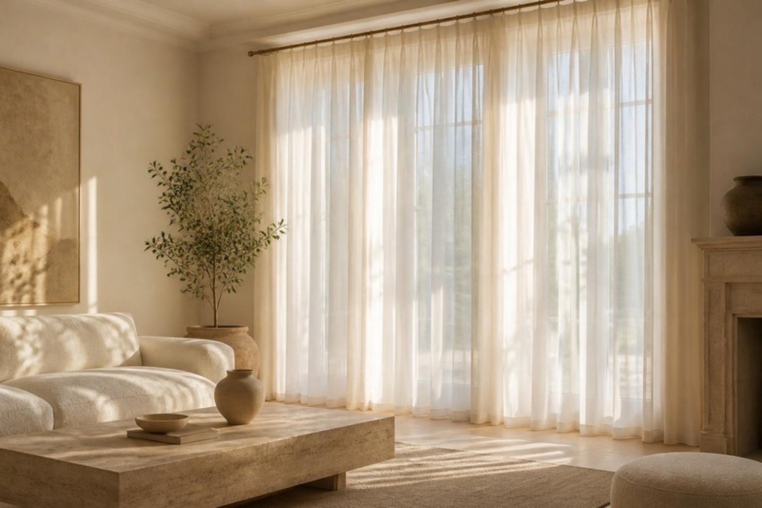 Sheer white linen curtains diffusing sunlight in a living room