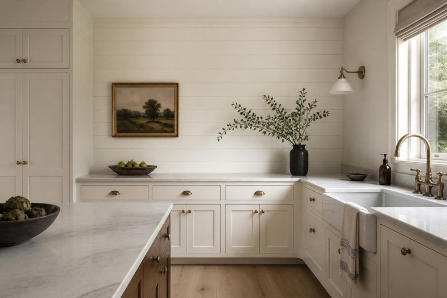 Shiplap wall paneling in a light-filled kitchen