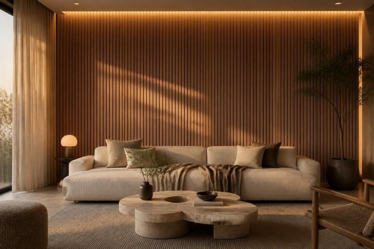 Backlit white oak slatted wood panel wall in a modern living room