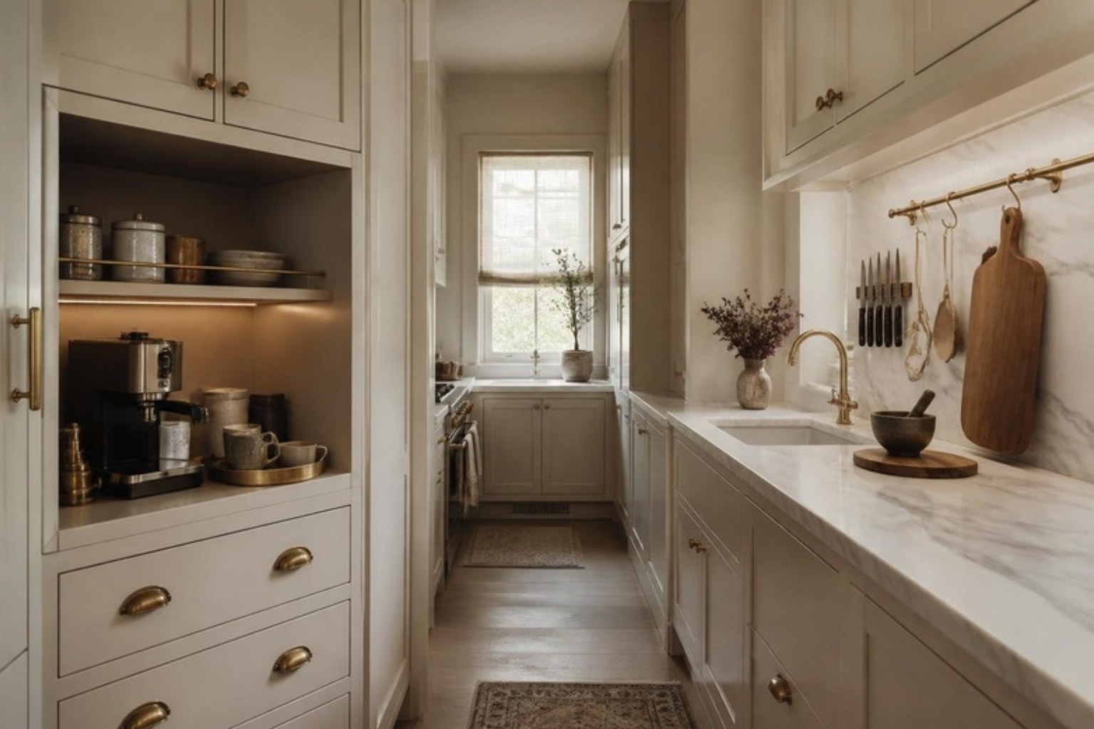 Galley kitchen zoned with a coffee station niche and a marble prep zone with knife rail Galley kitchen zoned with a coffee station niche and a marble prep zone with knife rail