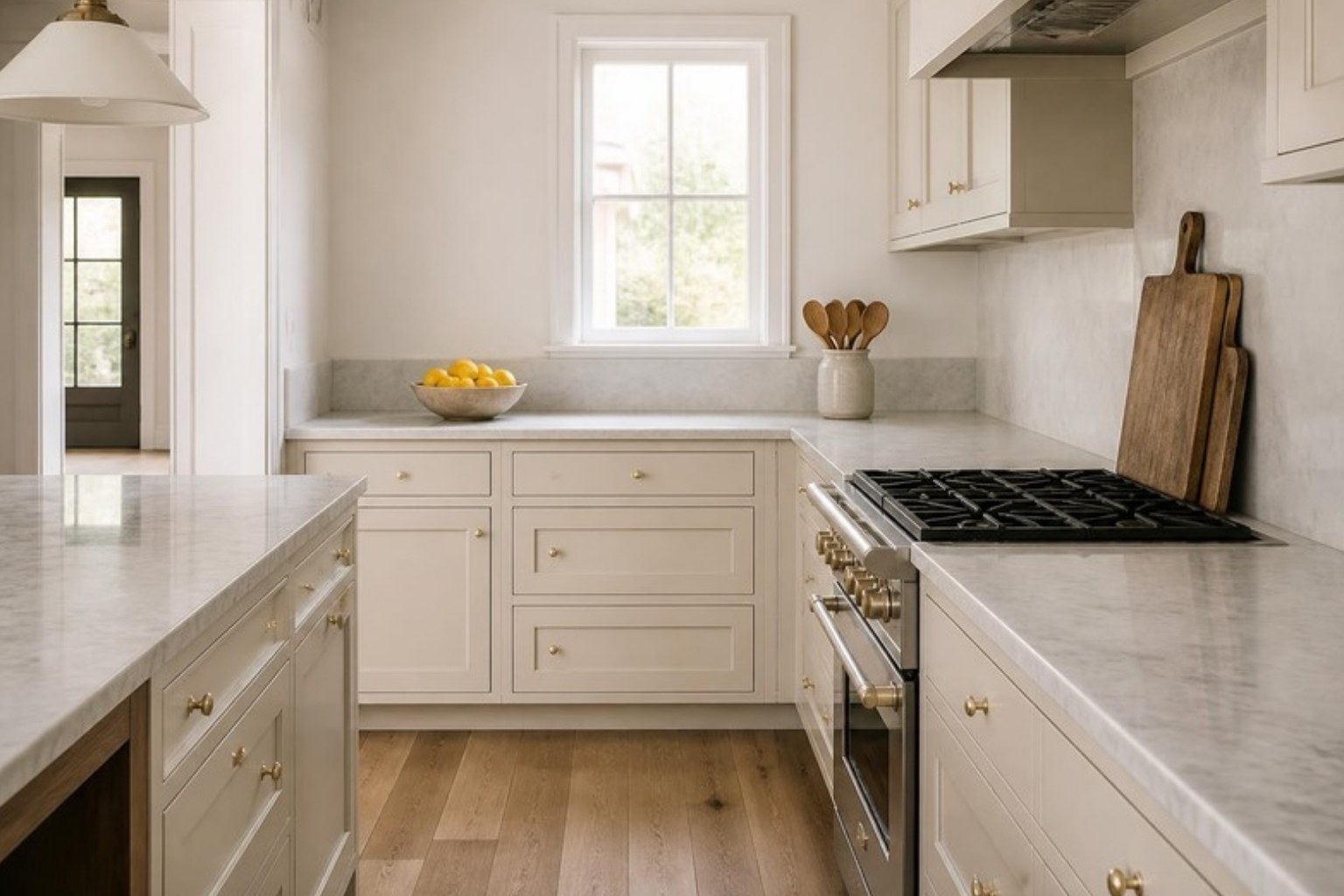 Small kitchen with nearly clear marble counters, warm white cabinets and brass knobs Small kitchen with nearly clear marble counters, warm white cabinets and brass knobs