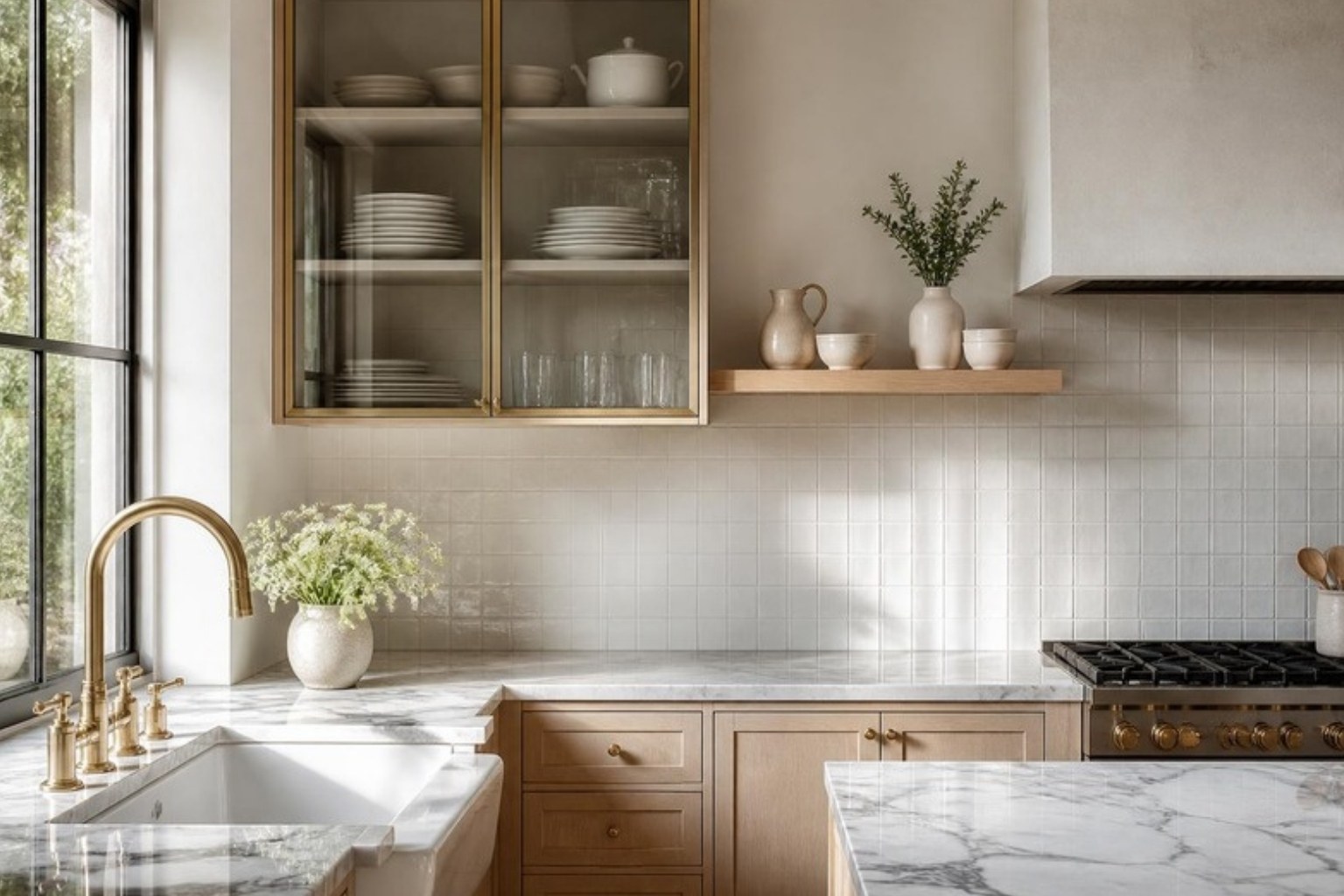 Small kitchen with brass-framed glass-front cabinets, an oak open shelf and marble counters Small kitchen with brass-framed glass-front cabinets, an oak open shelf and marble counters