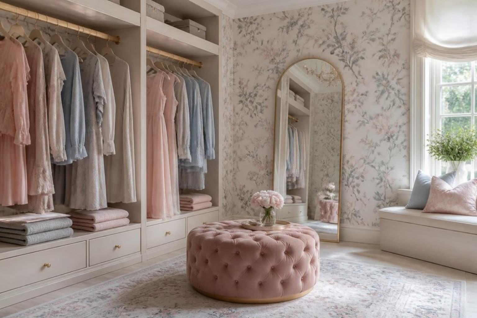 soft-summer-palette-dressing-room-wardrobe-wallpaper Dressing room where soft summer clothing in dusty rose and powder blue matches botanical wallpaper and a pink velvet ottoman