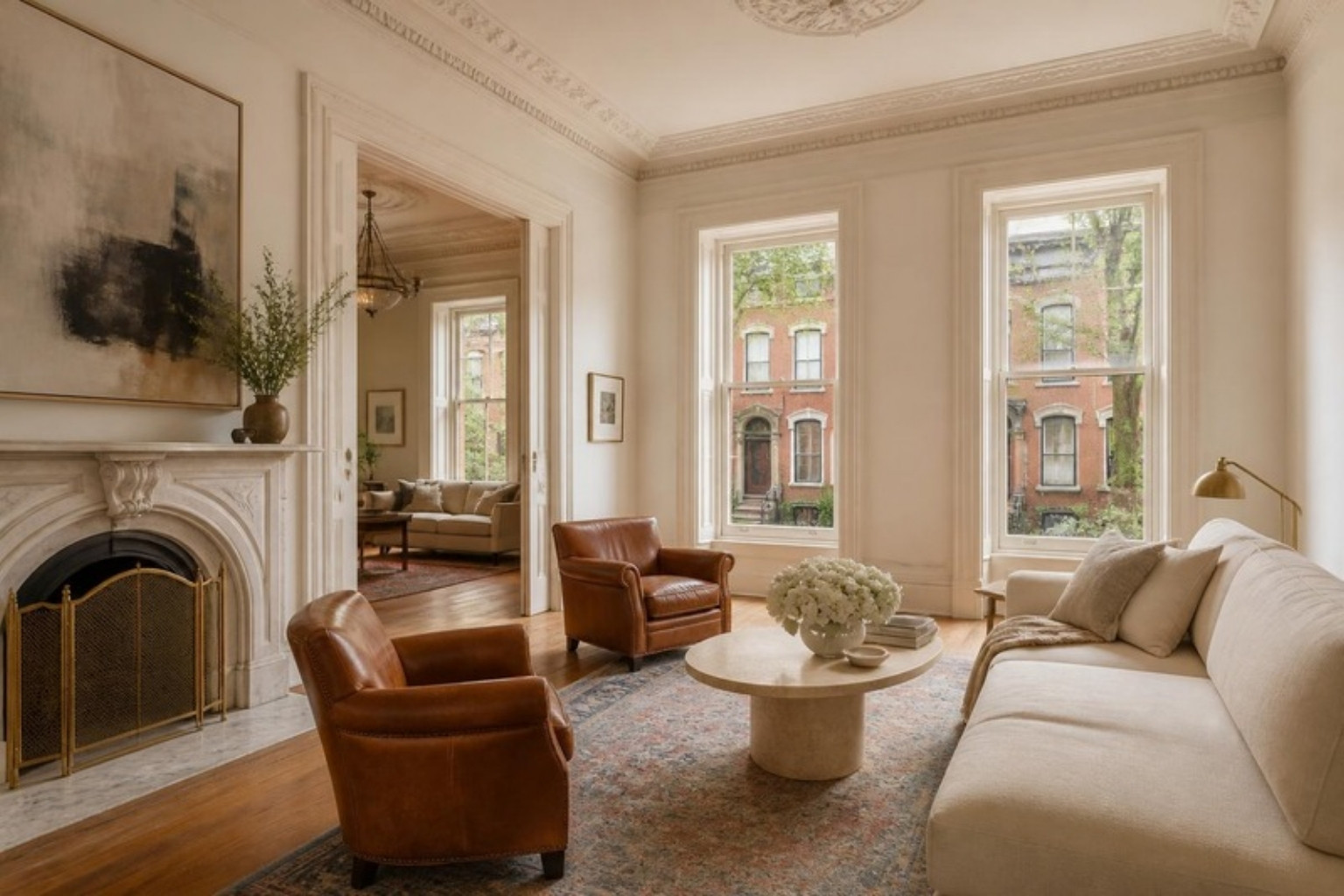 Restored St. Louis Victorian townhouse parlor with original crown molding, marble fireplace and brick rowhouses outside the windows Restored St. Louis Victorian townhouse parlor with original crown molding, marble fireplace and brick rowhouses outside the windows