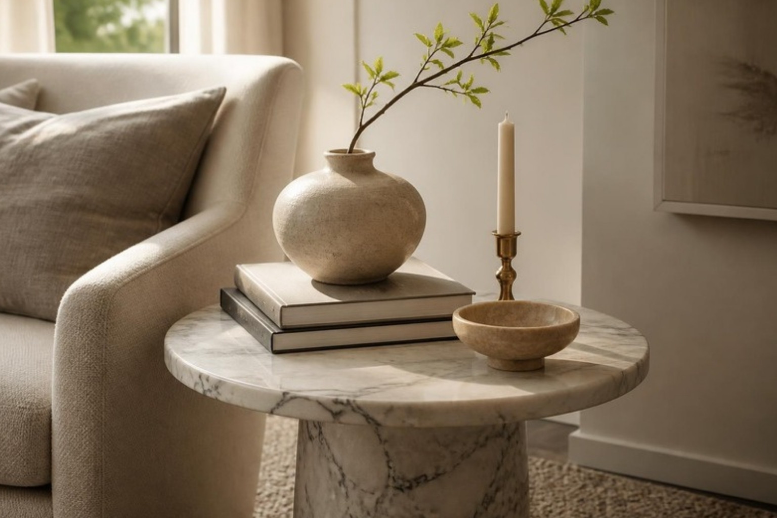 Styled round marble accent table with books, a ceramic vase, brass candlestick and stone bowl Styled round marble accent table with books, a ceramic vase, brass candlestick and stone bowl
