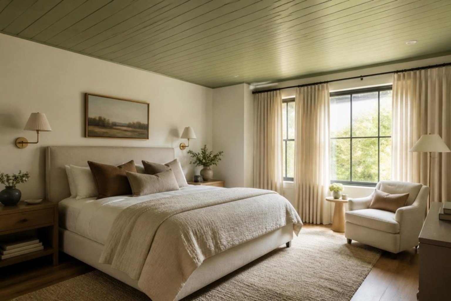 Sage green tongue and groove ceiling paneling in a serene bedroom