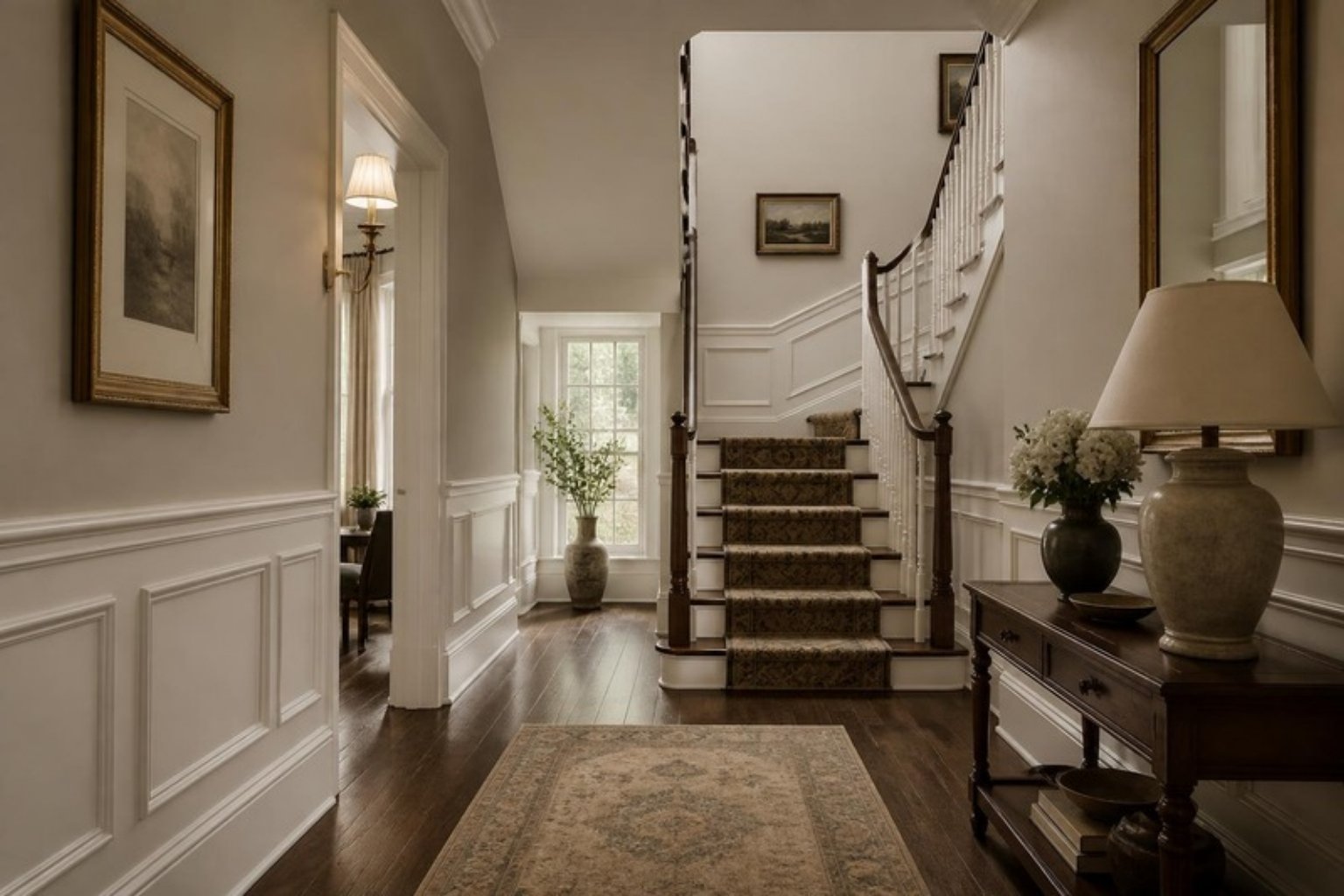 White wainscoting along an elegant entry hall and staircase