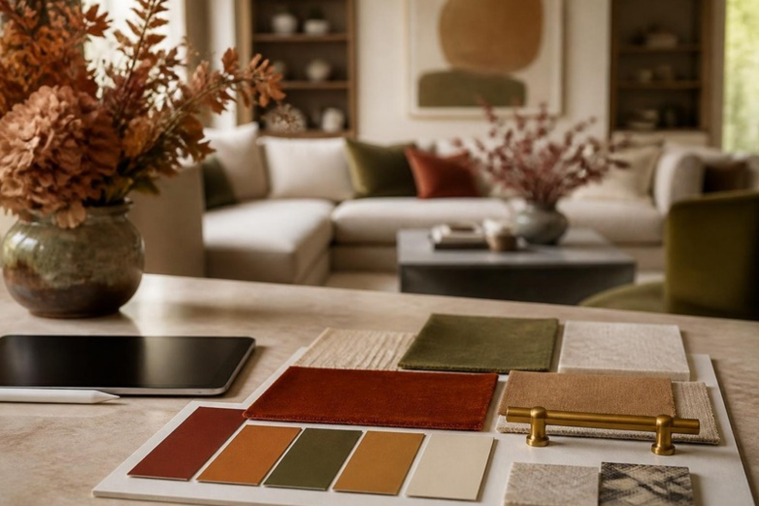 warm-autumn-palette-interior-design-mood-board Interior design mood board in a warm autumn palette with rust, olive and camel paint chips, velvet samples and a brass pull