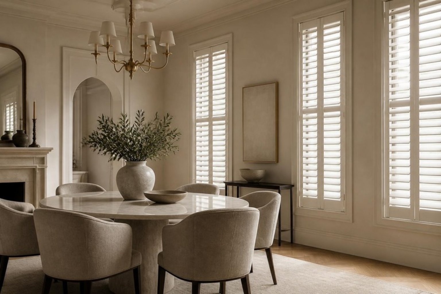 Warm white plantation shutters in an elegant dining room