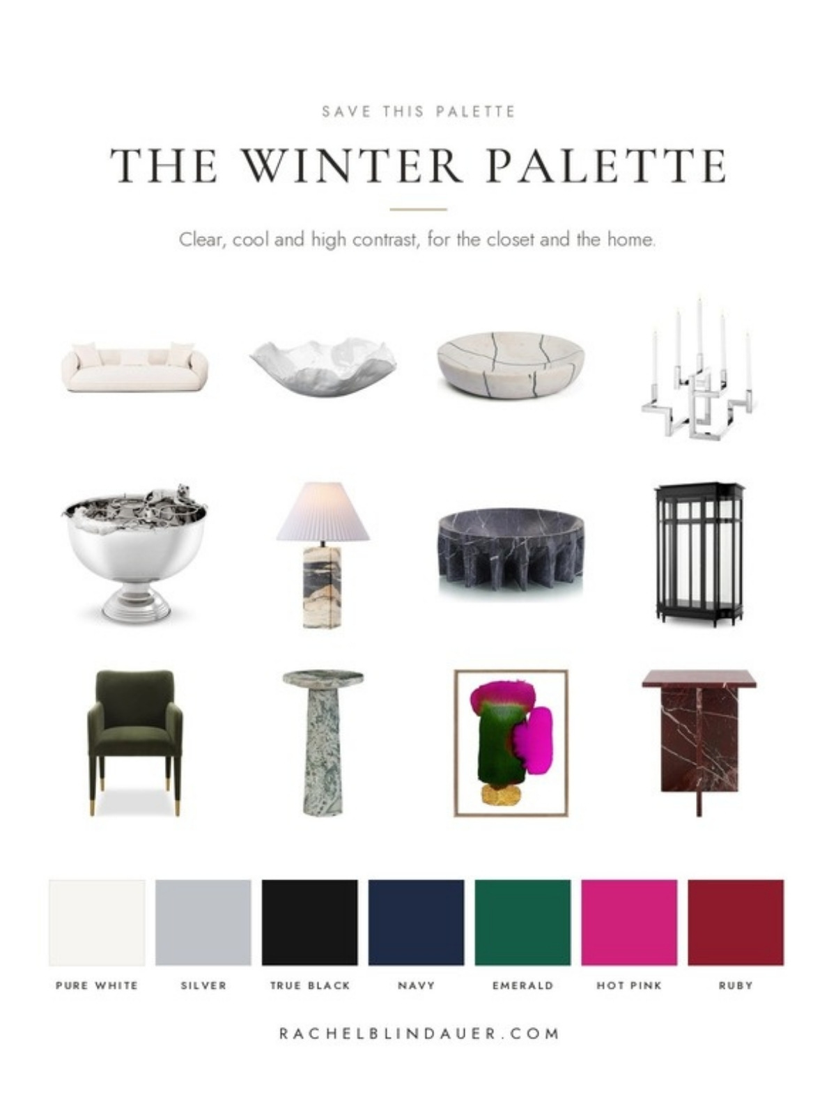 The winter palette: pure white, silver, true black, navy, emerald, hot pink and ruby home decor pieces