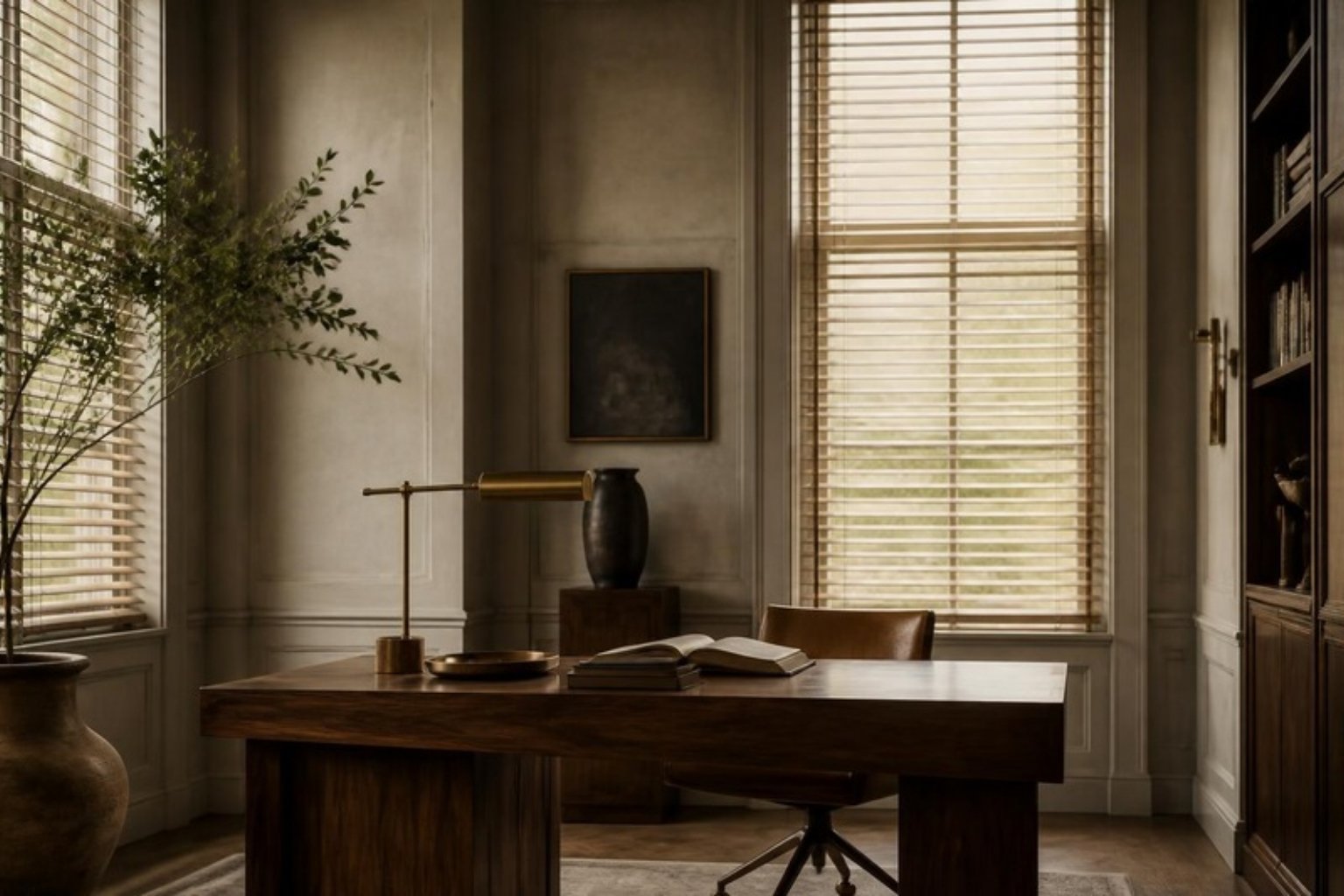 Warm white wooden blinds filtering light in an elegant study